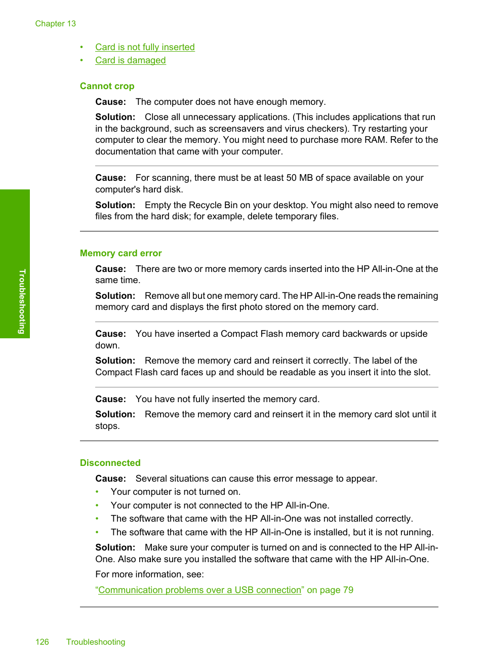 Cannot crop, Memory card error, Disconnected | HP Photosmart C4270 All-in-One Printer User Manual | Page 129 / 155