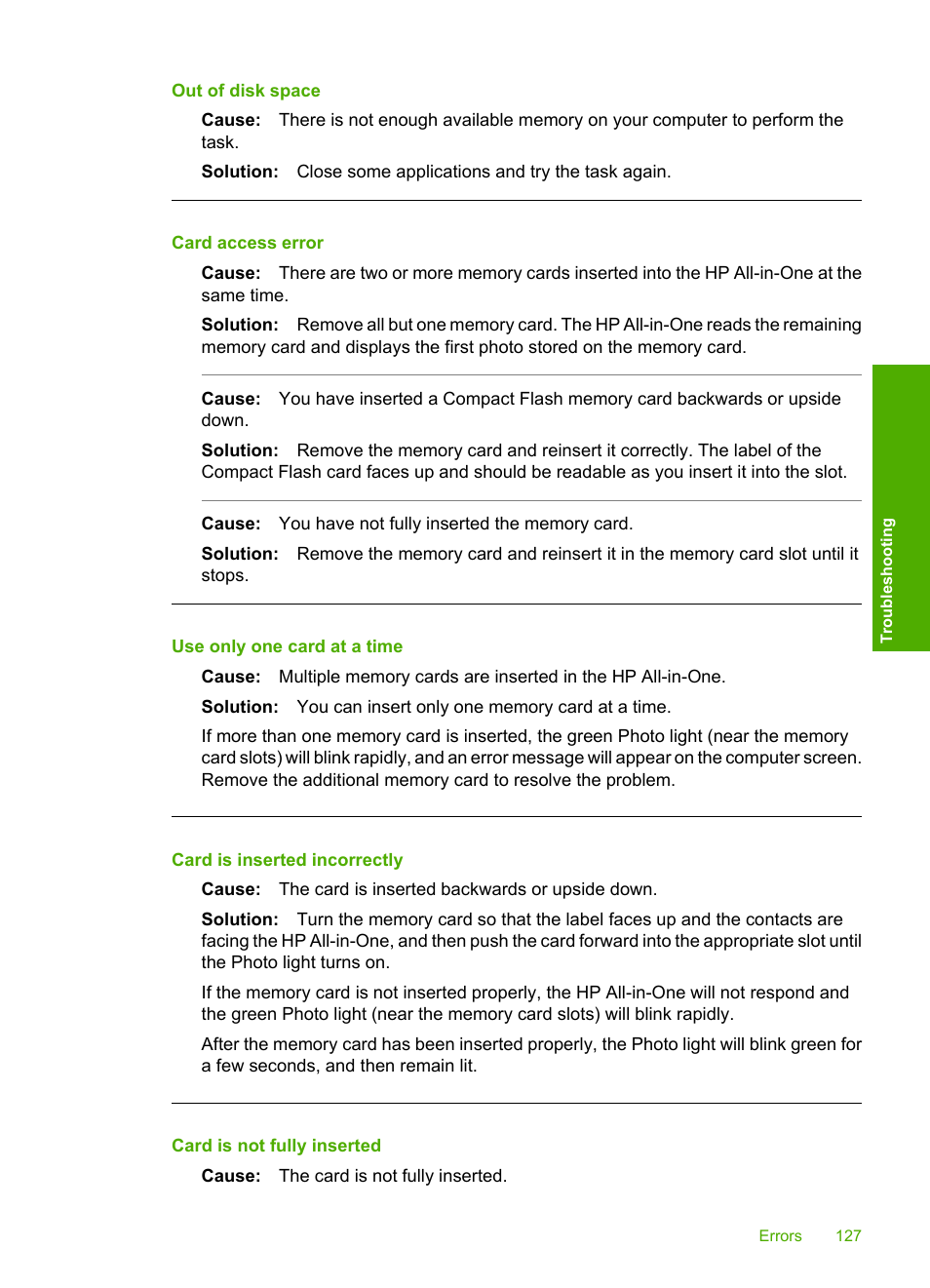 Out of disk space, Card access error, Use only one card at a time | Card is inserted incorrectly | HP Photosmart C4270 All-in-One Printer User Manual | Page 130 / 155