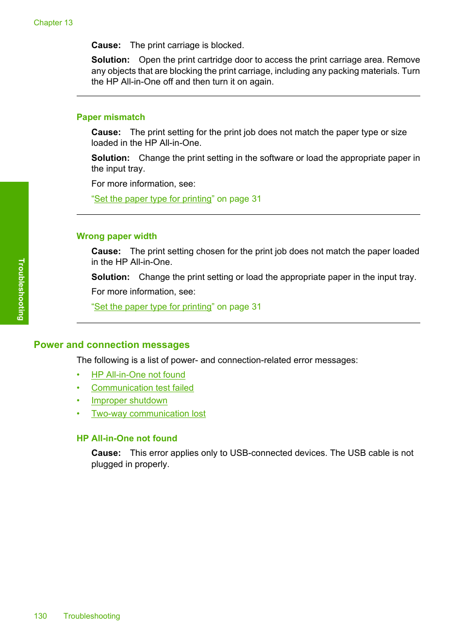 Power and connection messages, Paper mismatch, Wrong paper width | HP Photosmart C4270 All-in-One Printer User Manual | Page 133 / 155