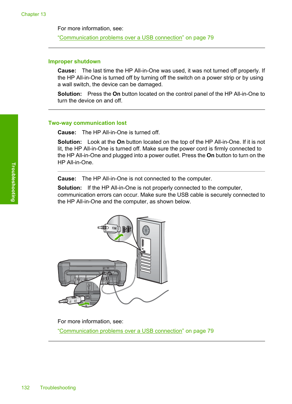 Improper shutdown, Two-way communication lost | HP Photosmart C4270 All-in-One Printer User Manual | Page 135 / 155