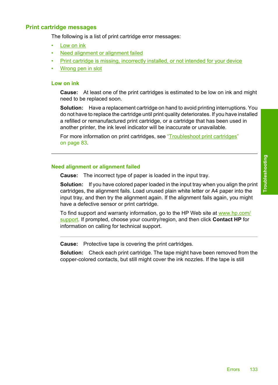 Print cartridge messages | HP Photosmart C4270 All-in-One Printer User Manual | Page 136 / 155