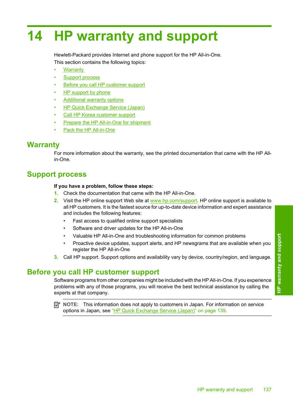 Hp warranty and support, Warranty, Support process | Before you call hp customer support, 14 hp warranty and support | HP Photosmart C4270 All-in-One Printer User Manual | Page 140 / 155