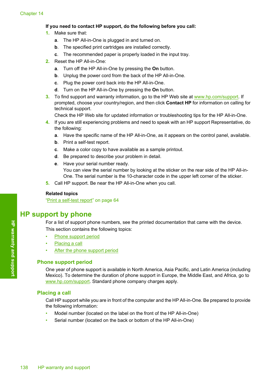 Hp support by phone, Phone support period, Placing a call | HP Photosmart C4270 All-in-One Printer User Manual | Page 141 / 155