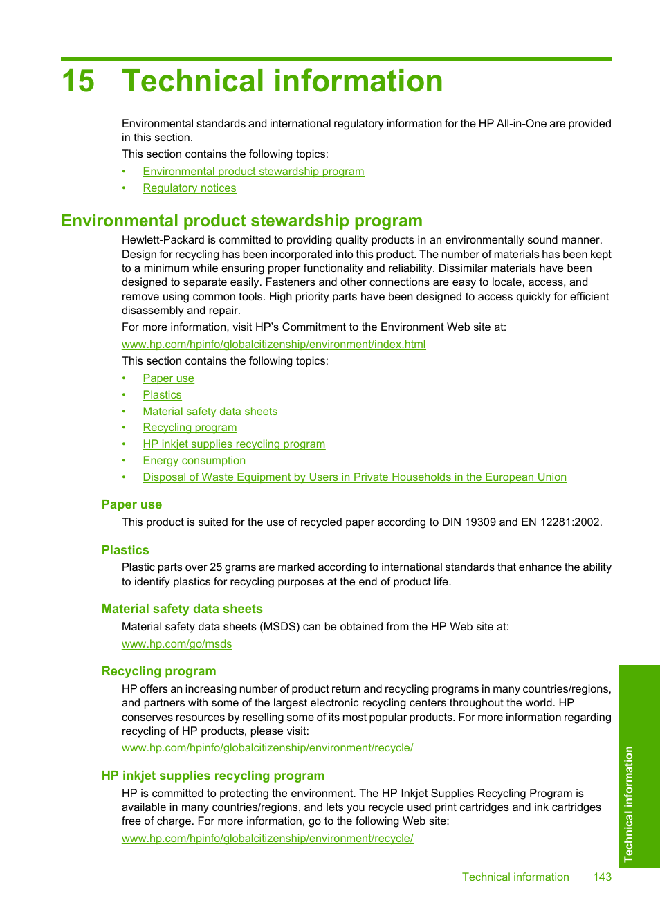 Technical information, Environmental product stewardship program, Paper use | Plastics, Material safety data sheets, Recycling program, Hp inkjet supplies recycling program, 15 technical information | HP Photosmart C4270 All-in-One Printer User Manual | Page 146 / 155