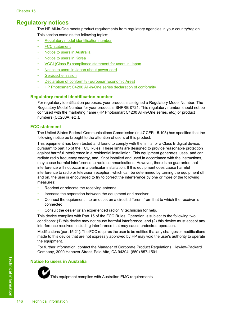 Regulatory notices, Regulatory model identification number, Fcc statement | Notice to users in australia | HP Photosmart C4270 All-in-One Printer User Manual | Page 149 / 155