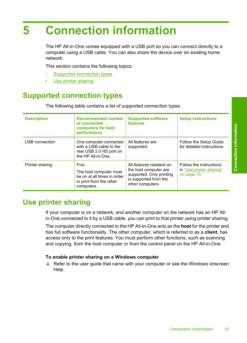 Connection information, Supported connection types, Use printer sharing | 5 connection information, Supported connection types use printer sharing, 5connection information | HP Photosmart C4270 All-in-One Printer User Manual | Page 18 / 155