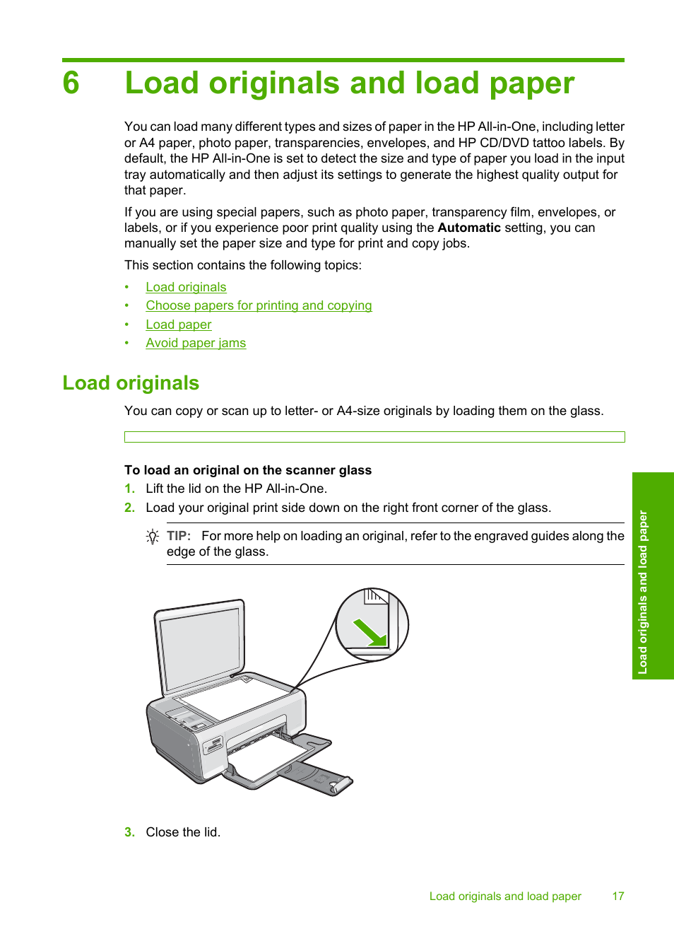 Load originals and load paper, Load originals, 6 load originals and load paper | 6load originals and load paper | HP Photosmart C4270 All-in-One Printer User Manual | Page 20 / 155