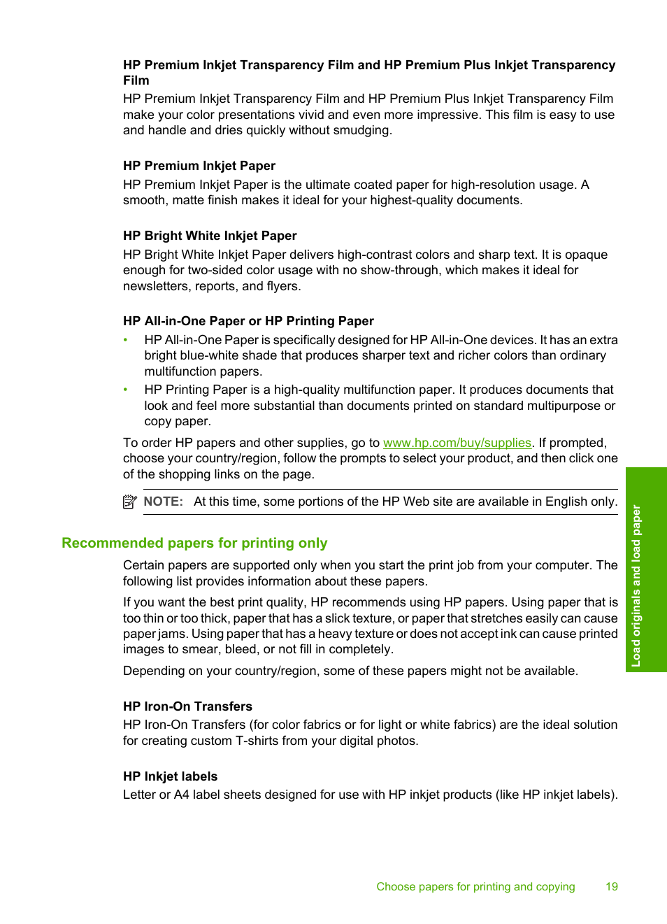 Recommended papers for printing only | HP Photosmart C4270 All-in-One Printer User Manual | Page 22 / 155