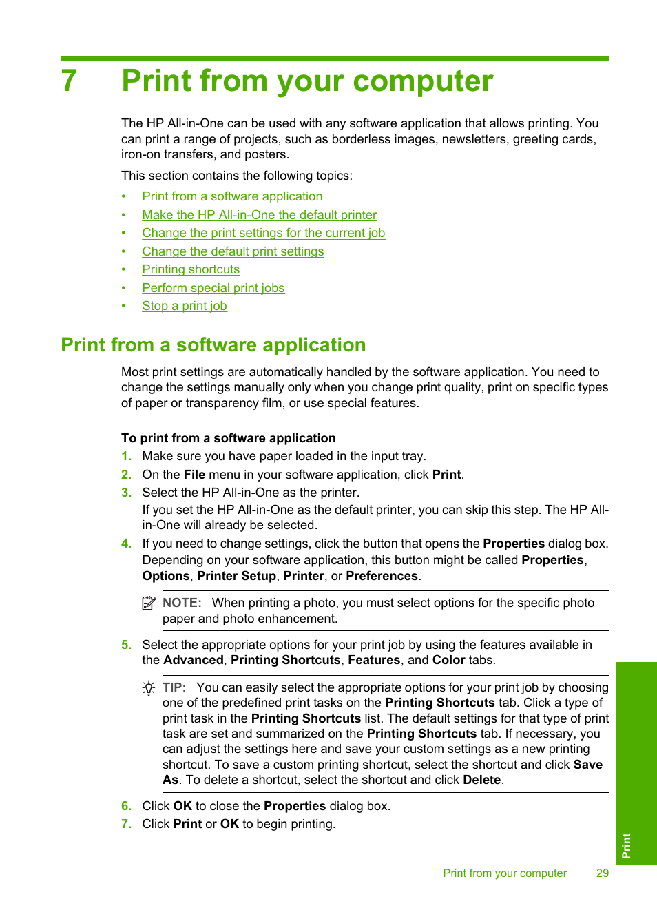 Print from your computer, Print from a software application, 7 print from your computer | 7print from your computer | HP Photosmart C4270 All-in-One Printer User Manual | Page 32 / 155