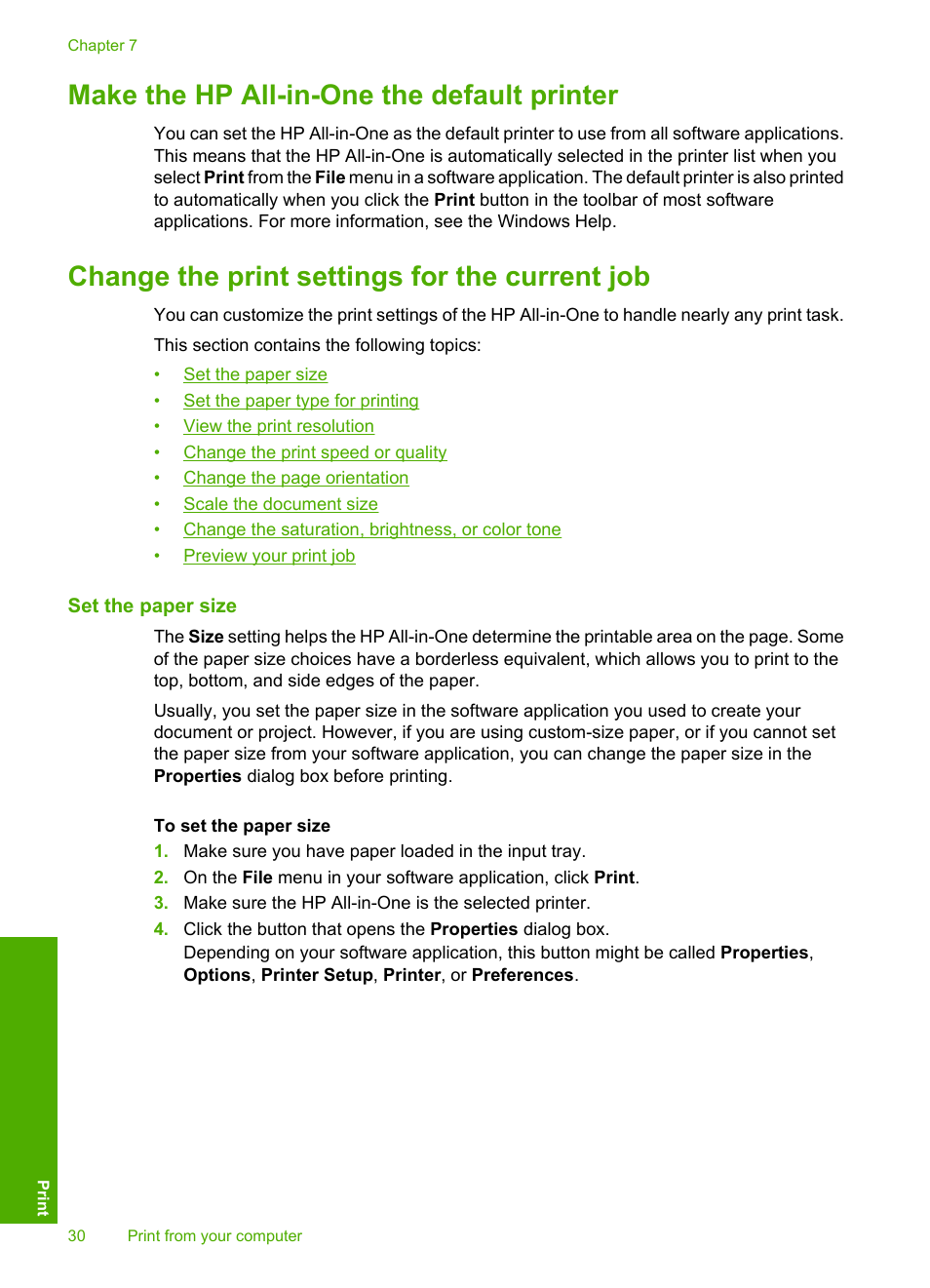 Make the hp all-in-one the default printer, Change the print settings for the current job, Set the paper size | HP Photosmart C4270 All-in-One Printer User Manual | Page 33 / 155
