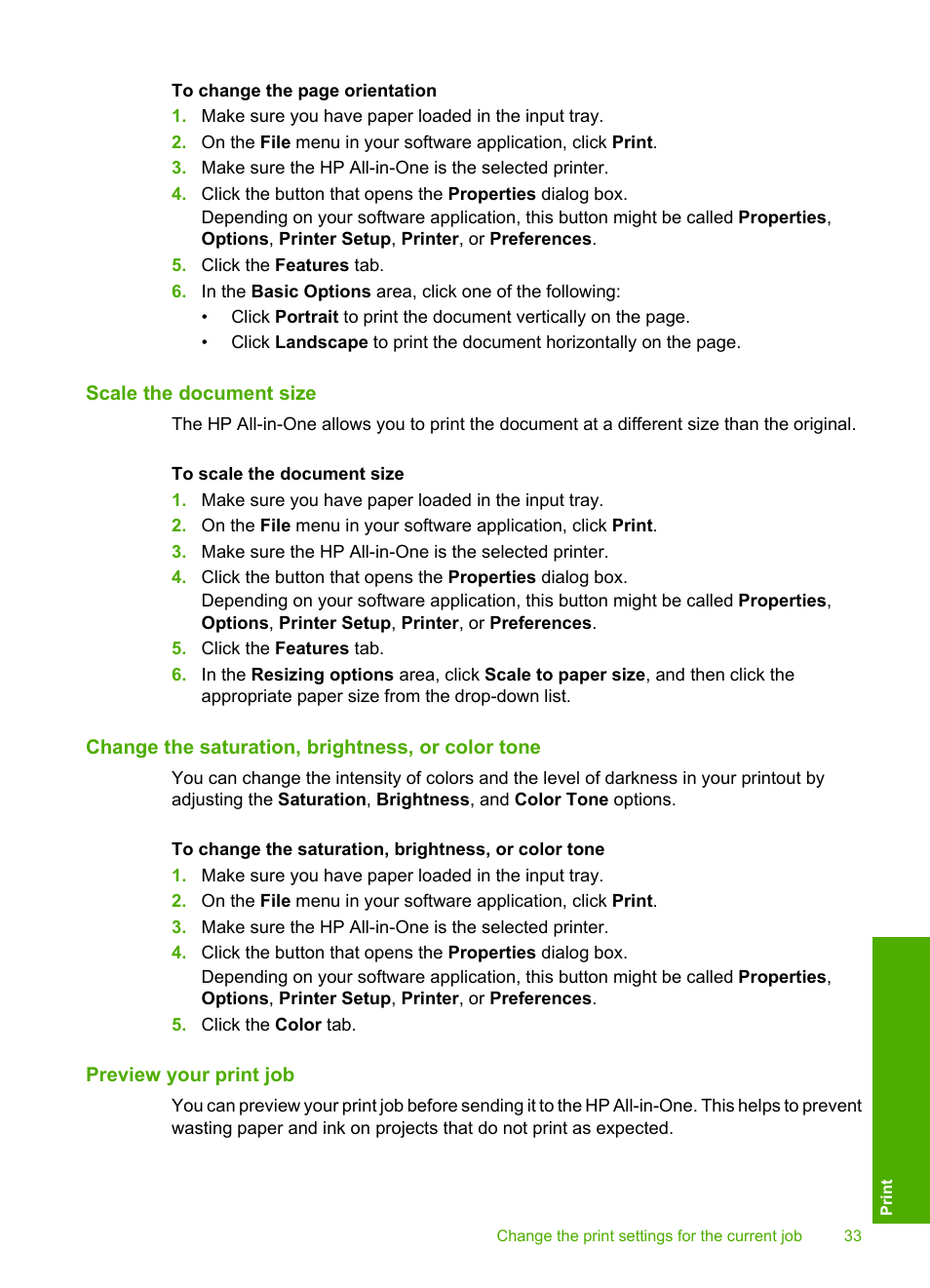 Scale the document size, Change the saturation, brightness, or color tone, Preview your print job | HP Photosmart C4270 All-in-One Printer User Manual | Page 36 / 155