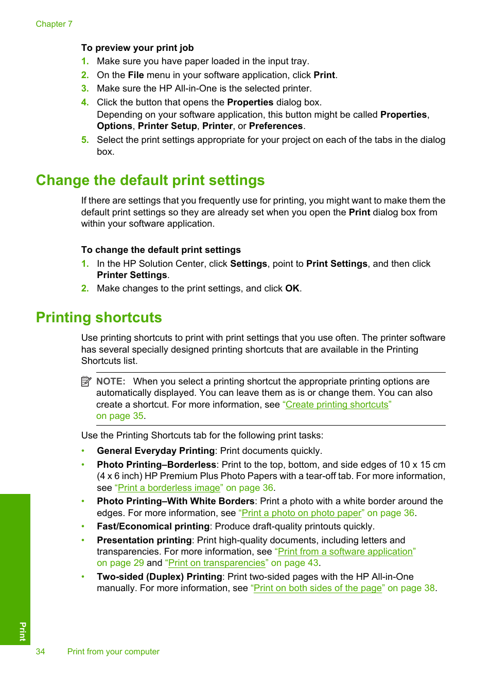 Change the default print settings, Printing shortcuts, Create printing shortcuts | HP Photosmart C4270 All-in-One Printer User Manual | Page 37 / 155