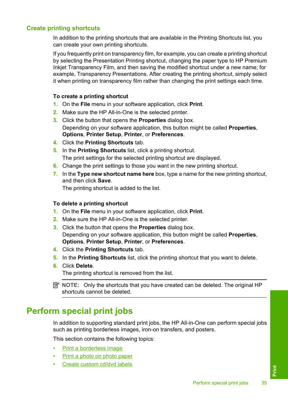 Create printing shortcuts, Perform special print jobs | HP Photosmart C4270 All-in-One Printer User Manual | Page 38 / 155