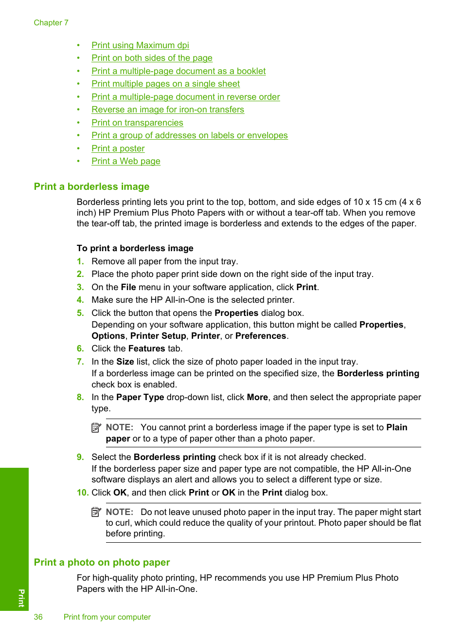 Print a borderless image, Print a photo on photo paper | HP Photosmart C4270 All-in-One Printer User Manual | Page 39 / 155