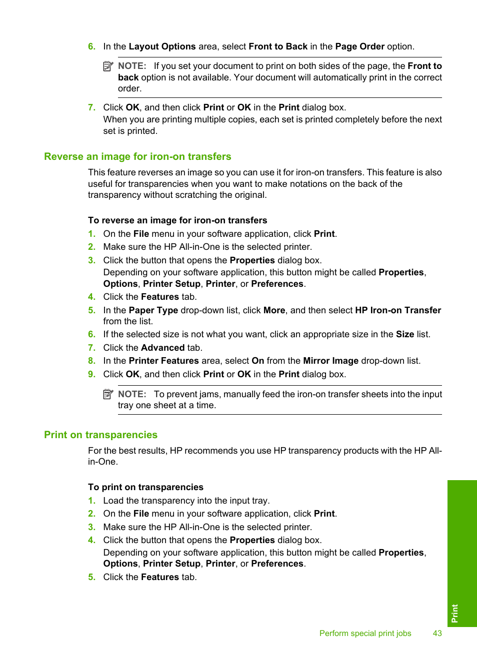 Reverse an image for iron-on transfers, Print on transparencies | HP Photosmart C4270 All-in-One Printer User Manual | Page 46 / 155