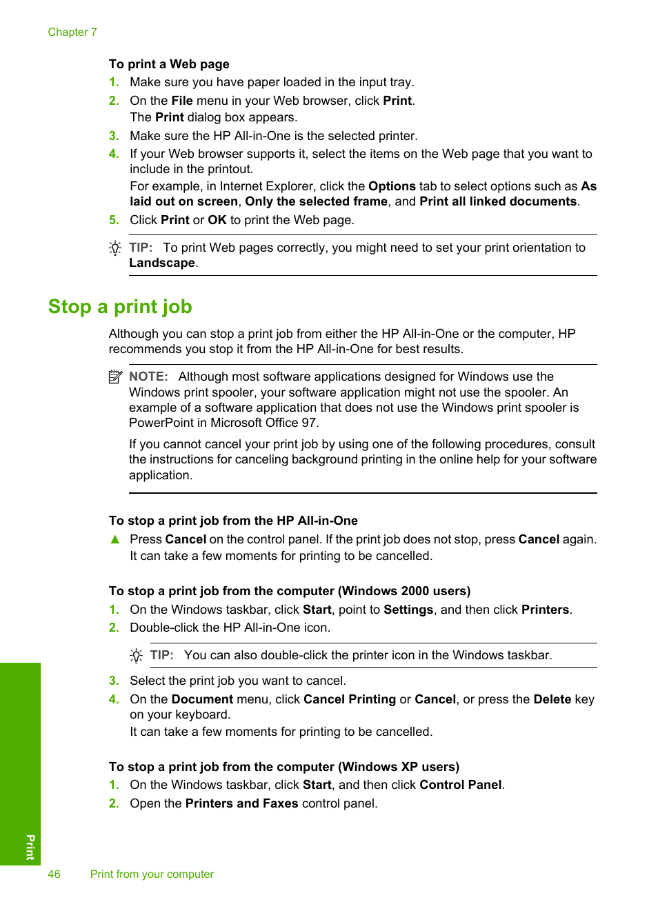 Stop a print job | HP Photosmart C4270 All-in-One Printer User Manual | Page 49 / 155