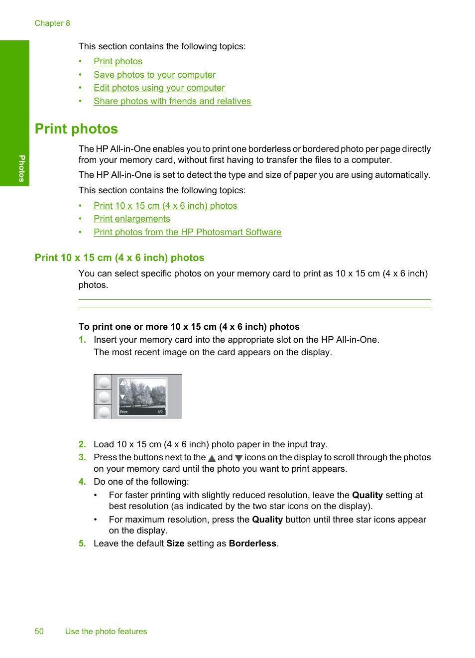 Print photos, Print 10 x 15 cm (4 x 6 inch) photos | HP Photosmart C4270 All-in-One Printer User Manual | Page 53 / 155