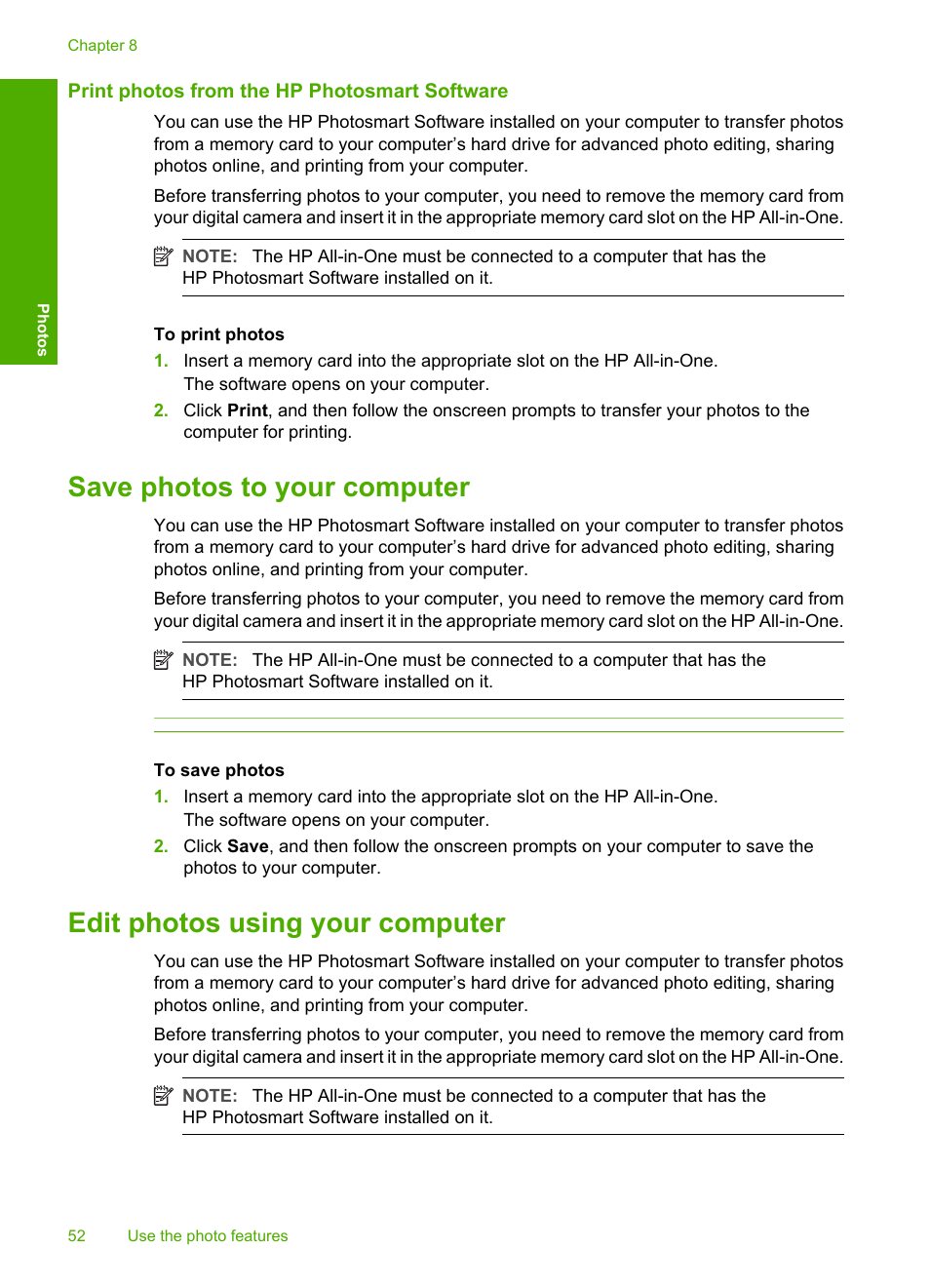 Print photos from the hp photosmart software, Save photos to your computer, Edit photos using your computer | HP Photosmart C4270 All-in-One Printer User Manual | Page 55 / 155