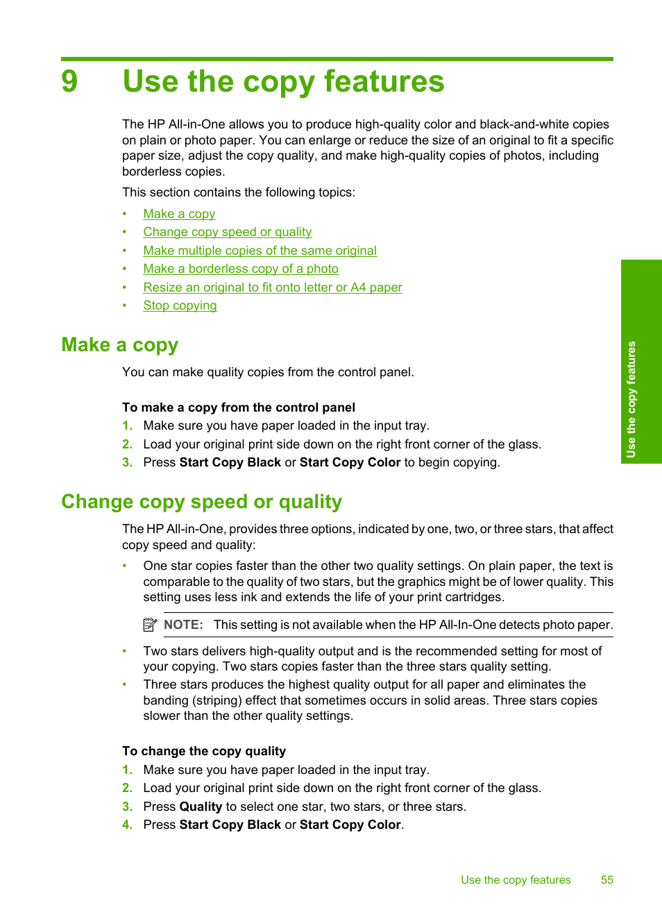 Use the copy features, Make a copy, Change copy speed or quality | 9 use the copy features, Make a copy change copy speed or quality, 9use the copy features | HP Photosmart C4270 All-in-One Printer User Manual | Page 58 / 155