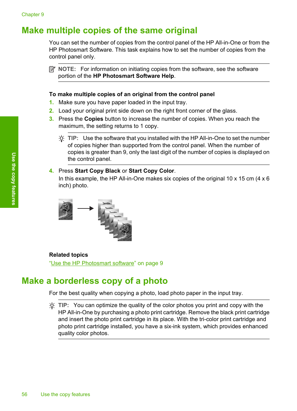 Make multiple copies of the same original, Make a borderless copy of a photo | HP Photosmart C4270 All-in-One Printer User Manual | Page 59 / 155