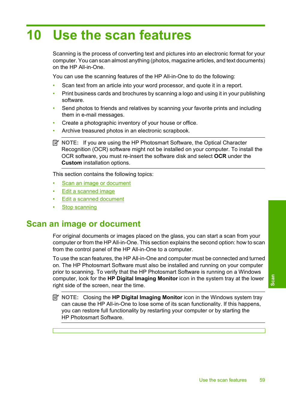 Use the scan features, Scan an image or document, 10 use the scan features | HP Photosmart C4270 All-in-One Printer User Manual | Page 62 / 155
