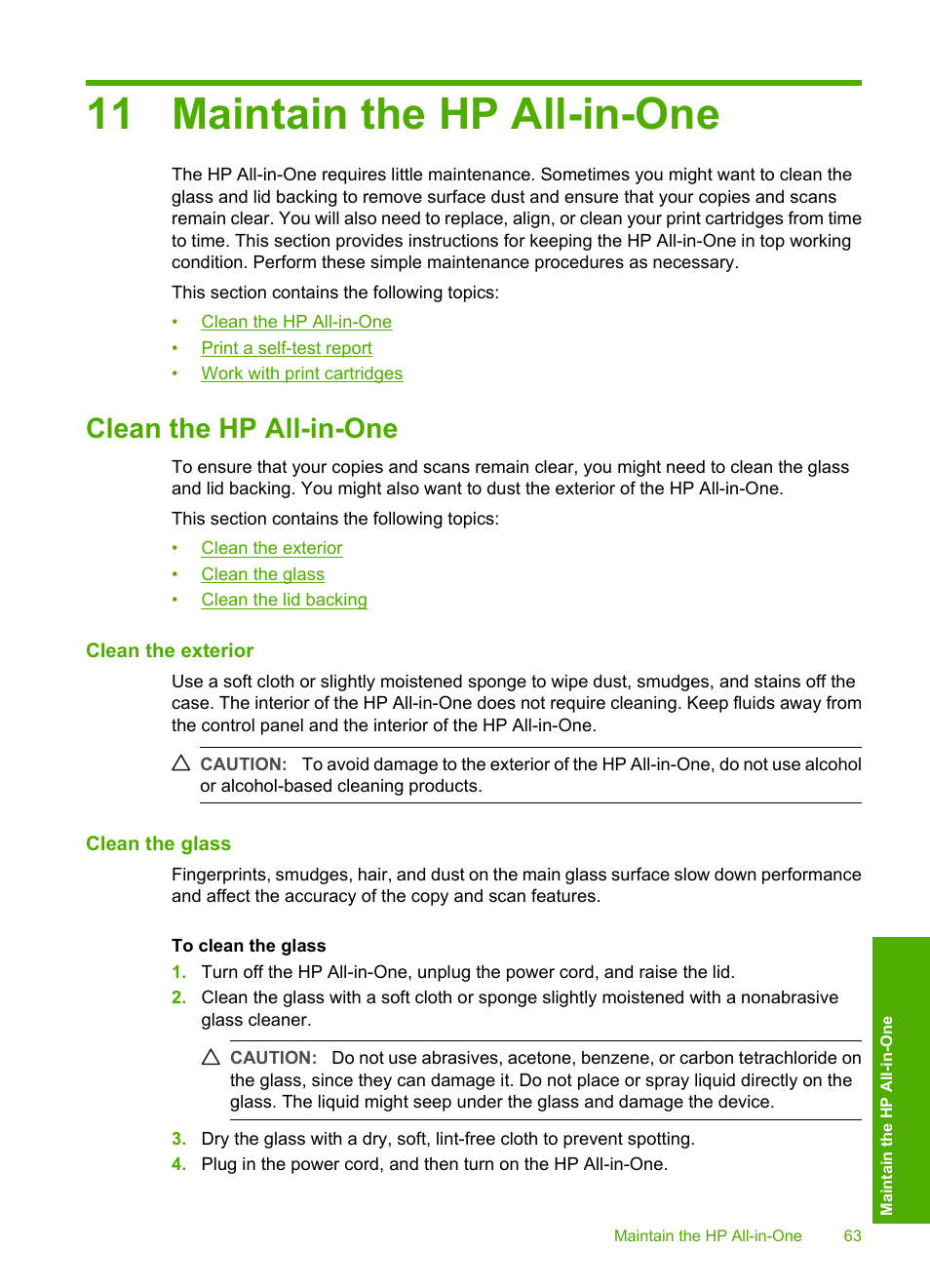 Maintain the hp all-in-one, Clean the hp all-in-one, Clean the exterior | Clean the glass, 11 maintain the hp all-in-one | HP Photosmart C4270 All-in-One Printer User Manual | Page 66 / 155