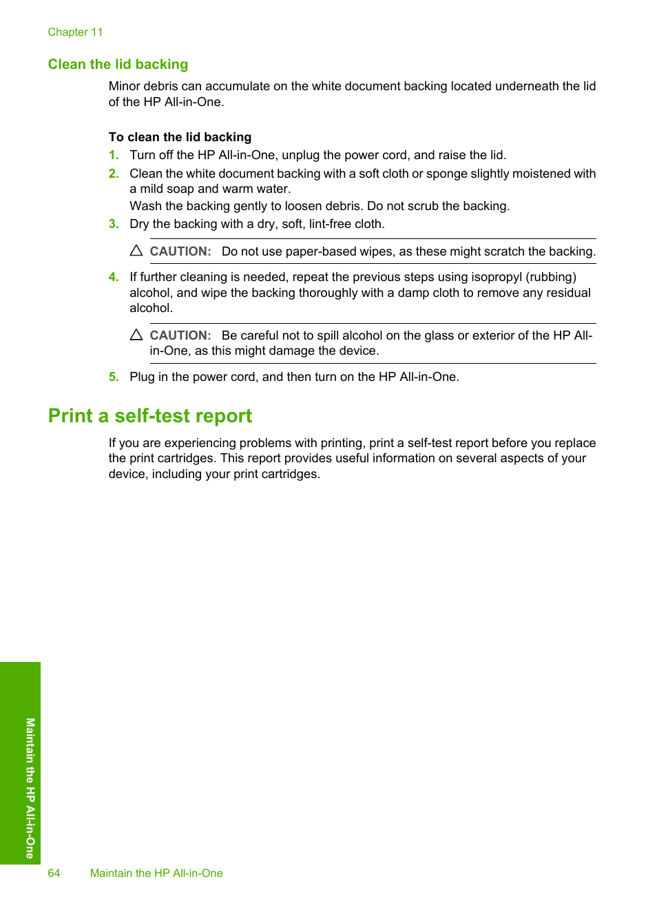 Clean the lid backing, Print a self-test report | HP Photosmart C4270 All-in-One Printer User Manual | Page 67 / 155