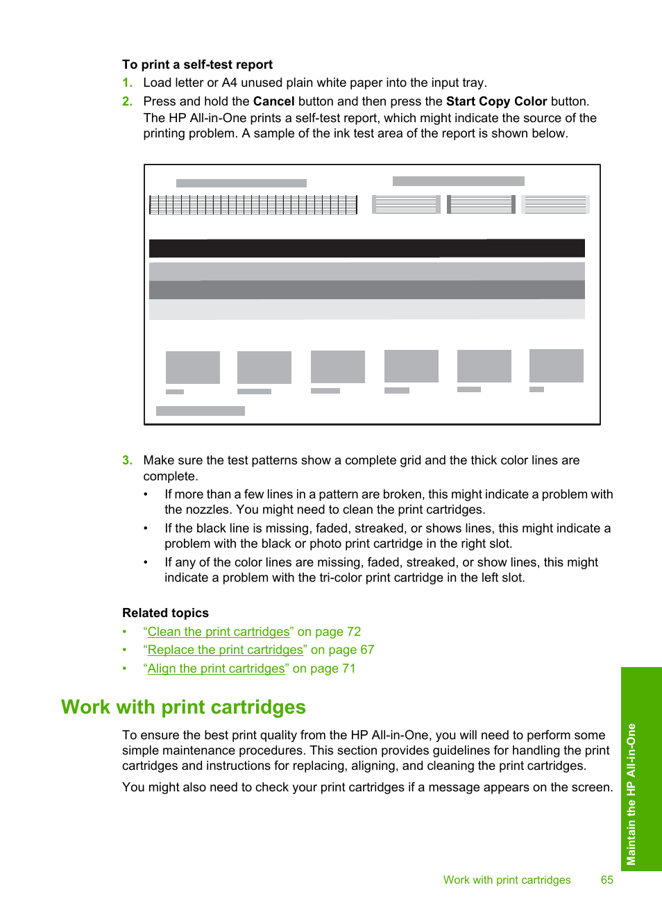 Work with print cartridges | HP Photosmart C4270 All-in-One Printer User Manual | Page 68 / 155