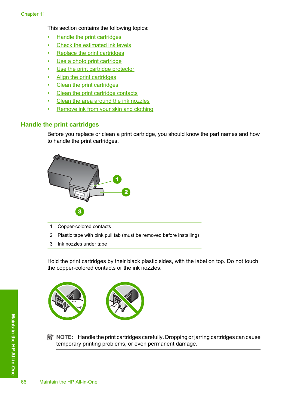 Handle the print cartridges | HP Photosmart C4270 All-in-One Printer User Manual | Page 69 / 155