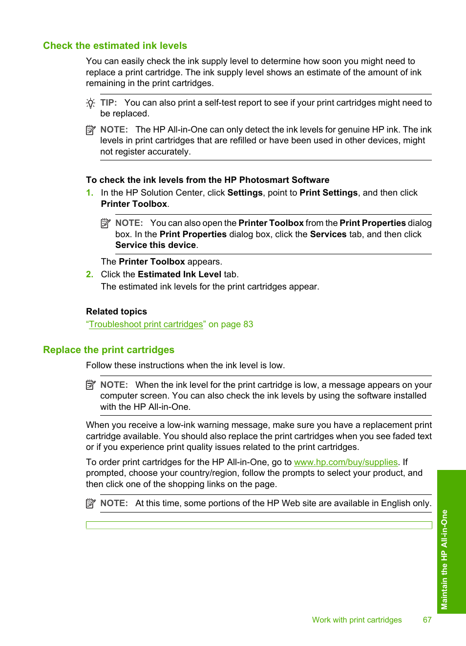 Check the estimated ink levels, Replace the print cartridges | HP Photosmart C4270 All-in-One Printer User Manual | Page 70 / 155