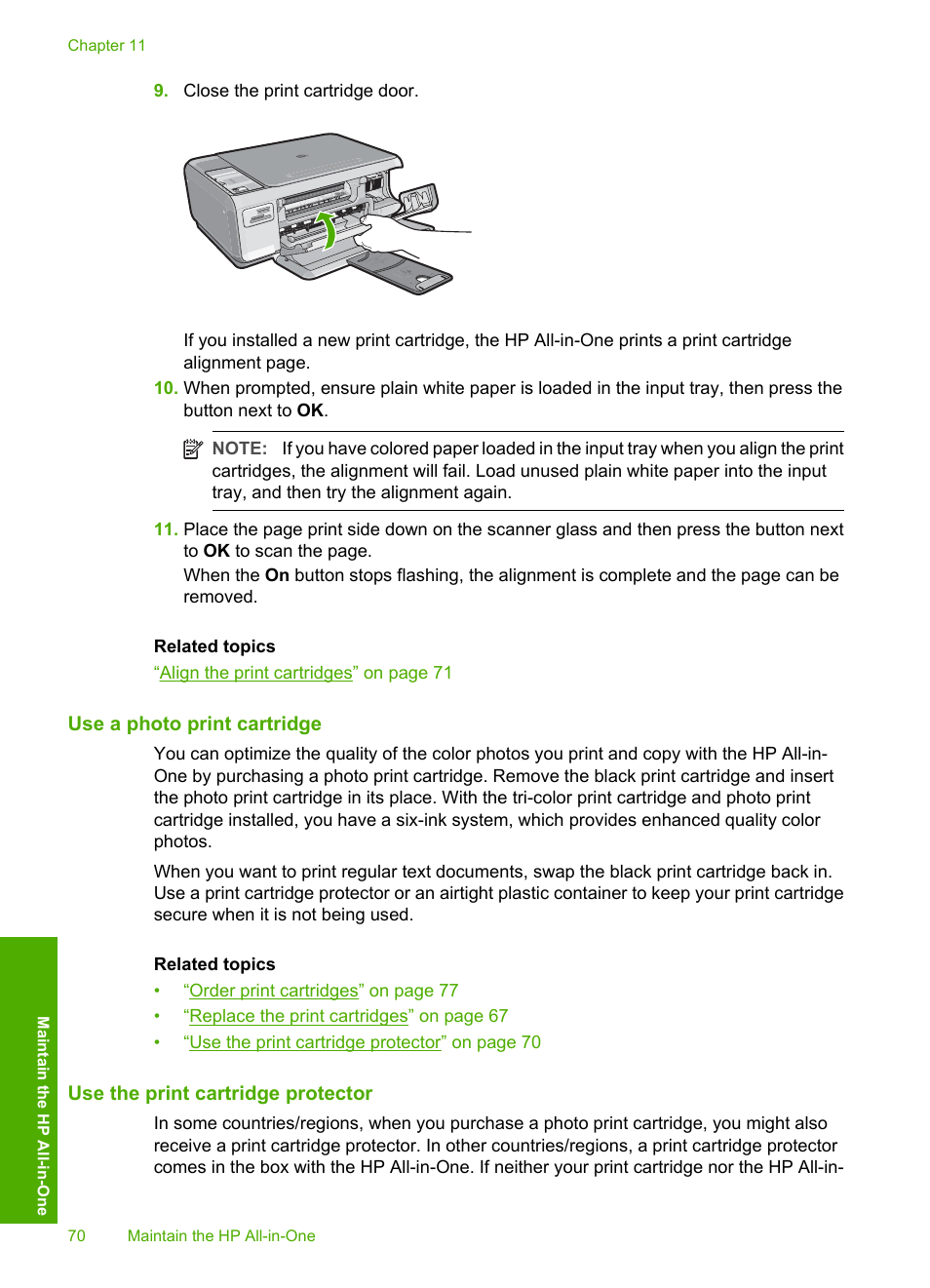 Use a photo print cartridge, Use the print cartridge protector | HP Photosmart C4270 All-in-One Printer User Manual | Page 73 / 155