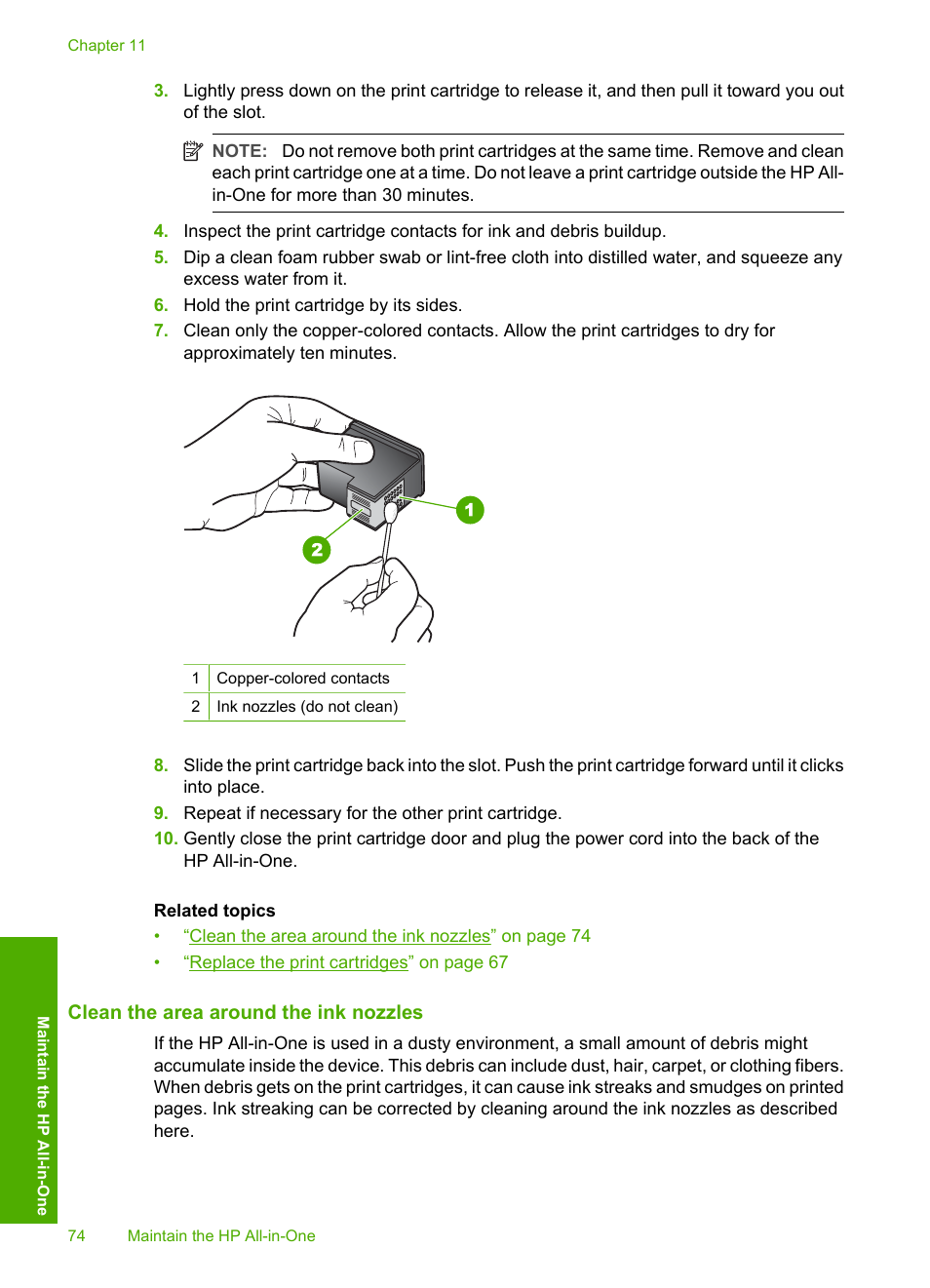 Clean the area around the ink nozzles | HP Photosmart C4270 All-in-One Printer User Manual | Page 77 / 155