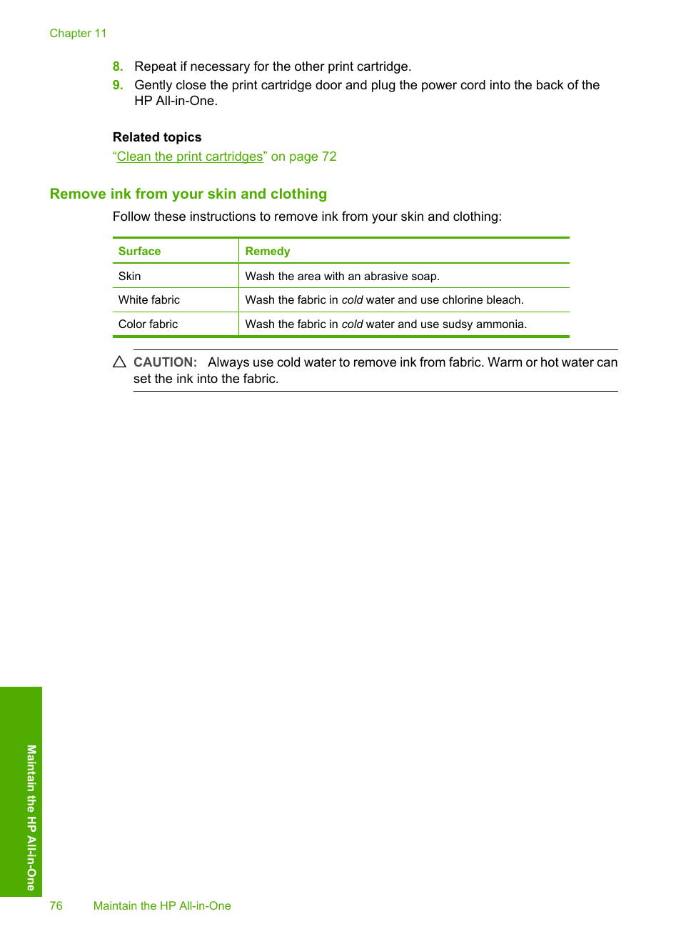 Remove ink from your skin and clothing | HP Photosmart C4270 All-in-One Printer User Manual | Page 79 / 155