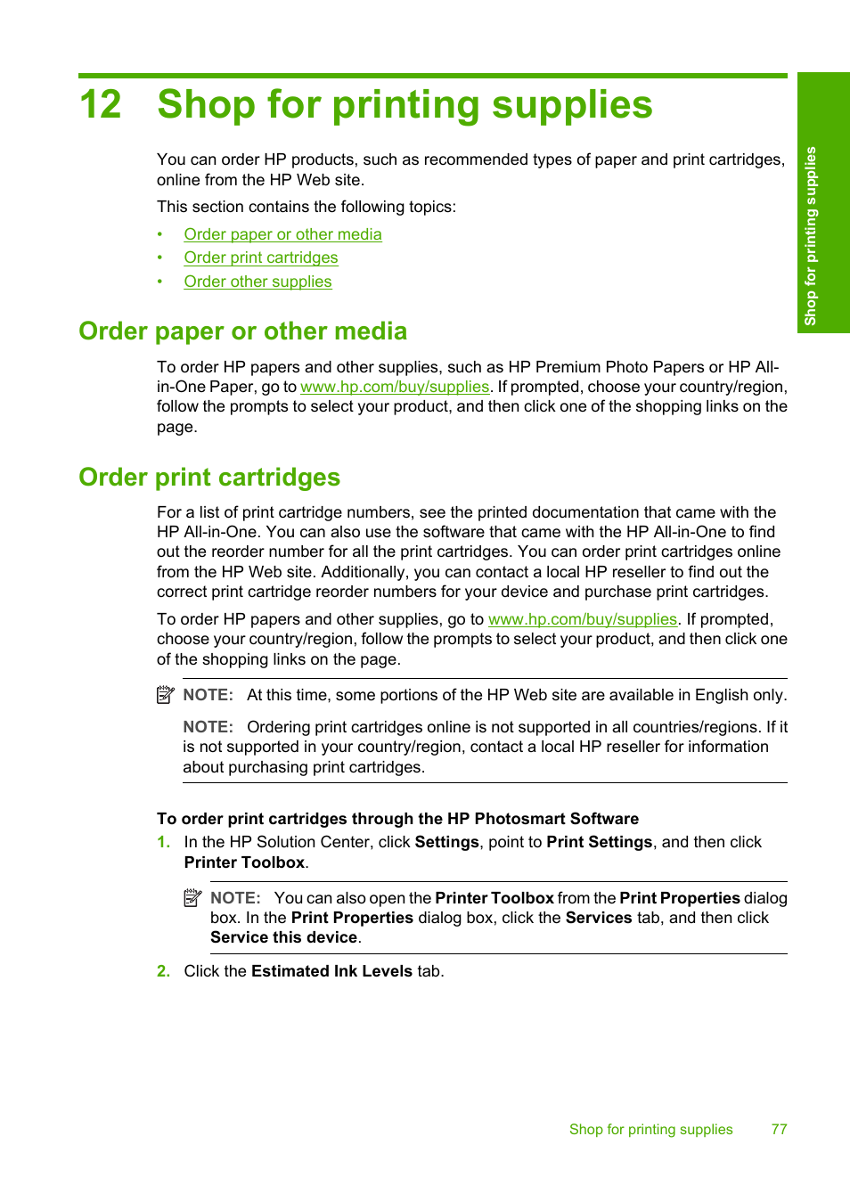 Shop for printing supplies, Order paper or other media, Order print cartridges | 12 shop for printing supplies, Order paper or other media order print cartridges | HP Photosmart C4270 All-in-One Printer User Manual | Page 80 / 155