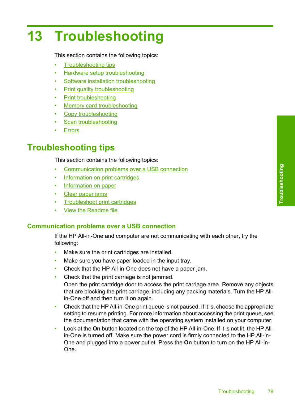 Troubleshooting, Troubleshooting tips, Communication problems over a usb connection | 13 troubleshooting | HP Photosmart C4270 All-in-One Printer User Manual | Page 82 / 155