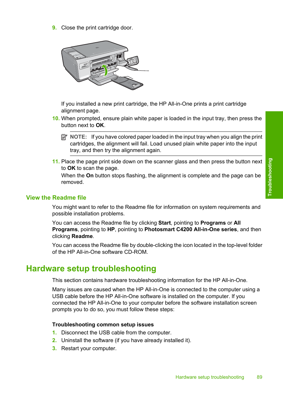 View the readme file, Hardware setup troubleshooting | HP Photosmart C4270 All-in-One Printer User Manual | Page 92 / 155