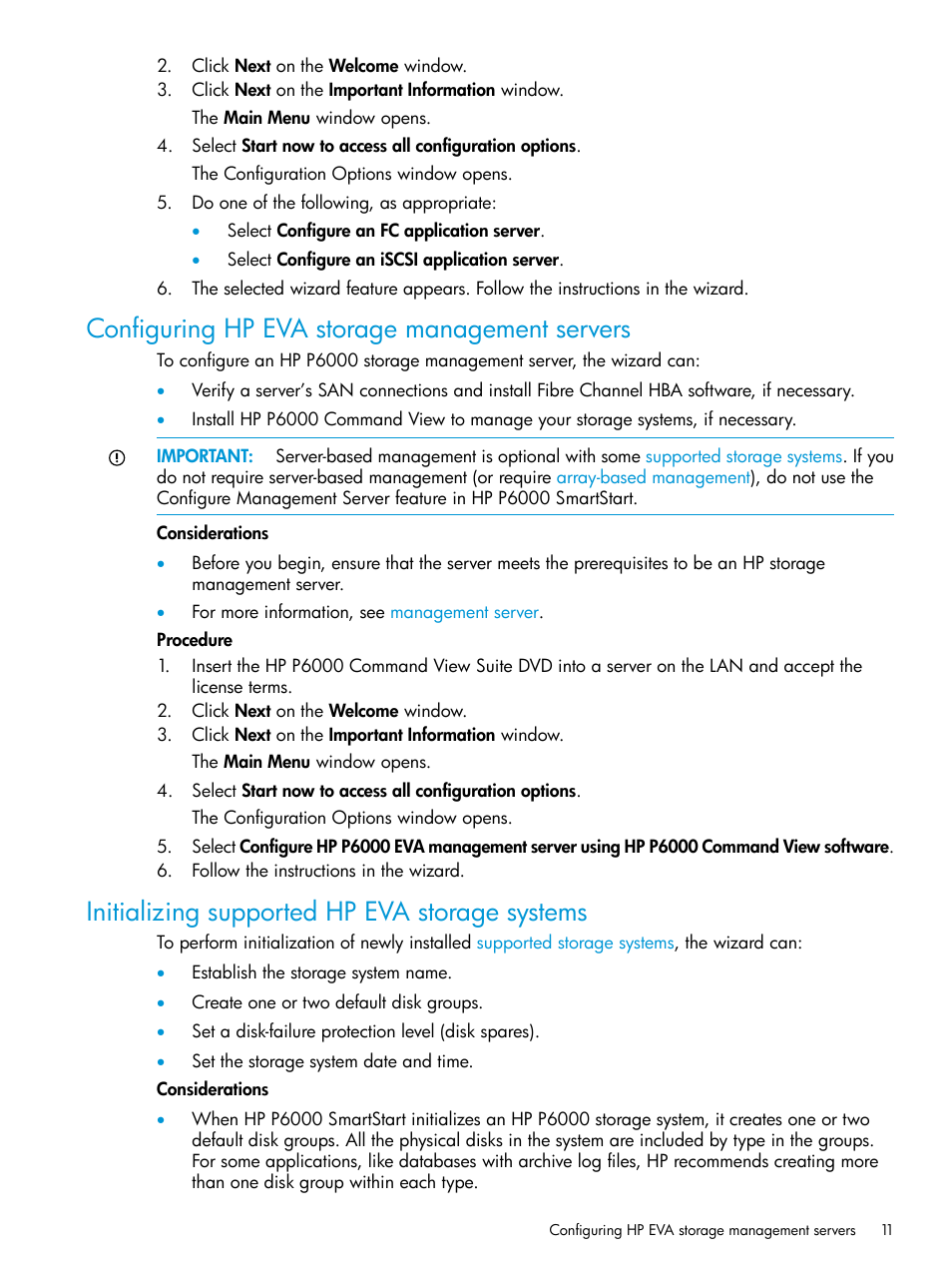 Configuring hp eva storage management servers, Initializing supported hp eva storage systems | HP Command View EVA Software User Manual | Page 11 / 45
