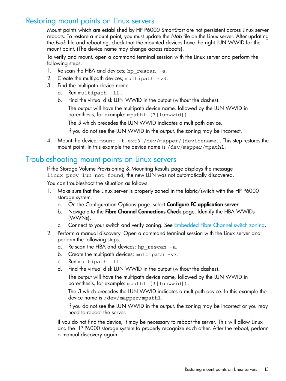 Restoring mount points on linux servers, Troubleshooting mount points on linux servers | HP Command View EVA Software User Manual | Page 13 / 45