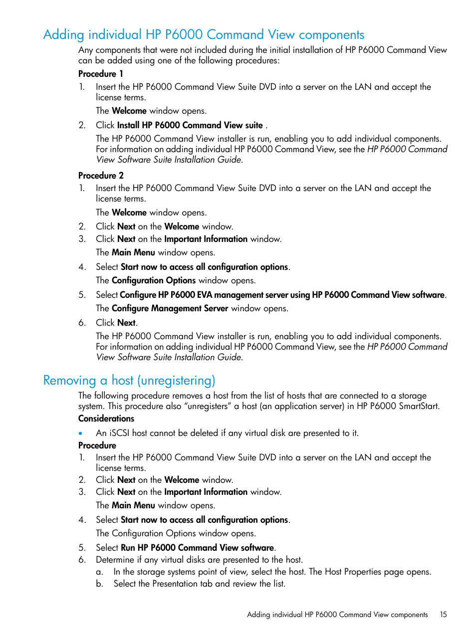 Adding individual hp p6000 command view components, Removing a host (unregistering) | HP Command View EVA Software User Manual | Page 15 / 45