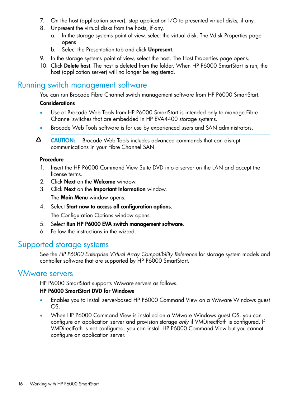 Running switch management software, Supported storage systems, Vmware servers | HP Command View EVA Software User Manual | Page 16 / 45