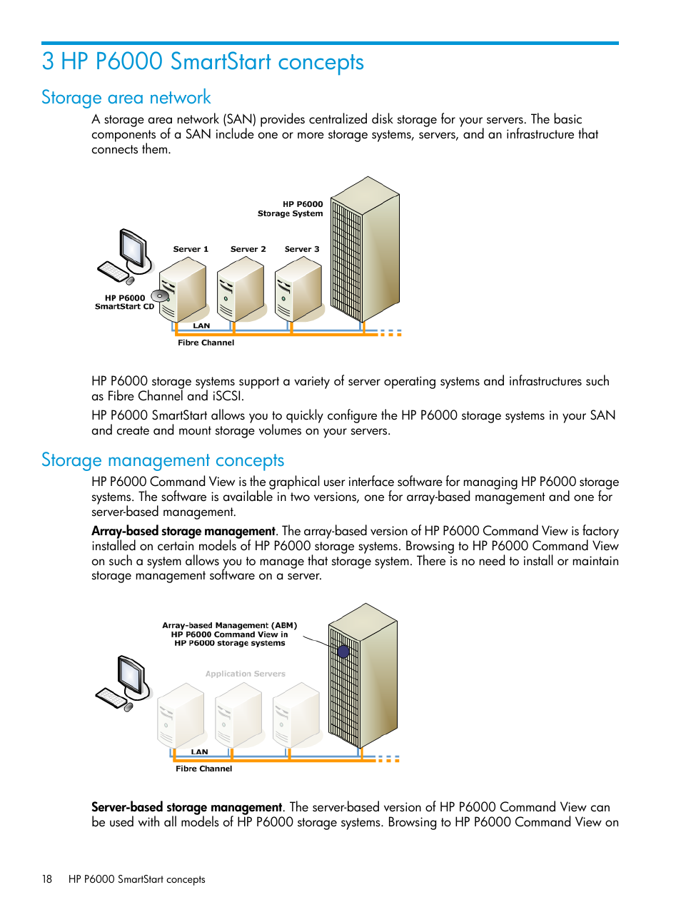 3 hp p6000 smartstart concepts, Storage area network, Storage management concepts | Storage area network storage management concepts | HP Command View EVA Software User Manual | Page 18 / 45