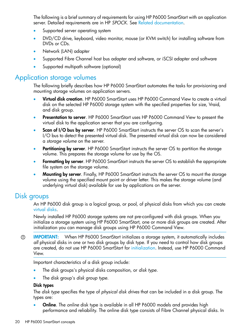 Application storage volumes, Disk groups, Application storage volumes disk groups | Disk group types | HP Command View EVA Software User Manual | Page 20 / 45