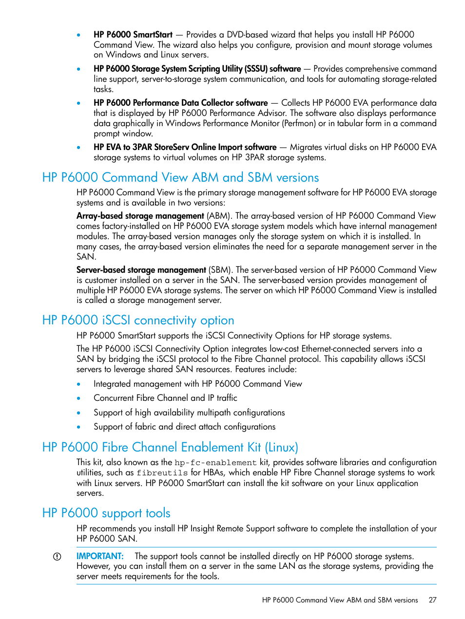 Hp p6000 command view abm and sbm versions, Hp p6000 iscsi connectivity option, Hp p6000 fibre channel enablement kit (linux) | Hp p6000 support tools | HP Command View EVA Software User Manual | Page 27 / 45