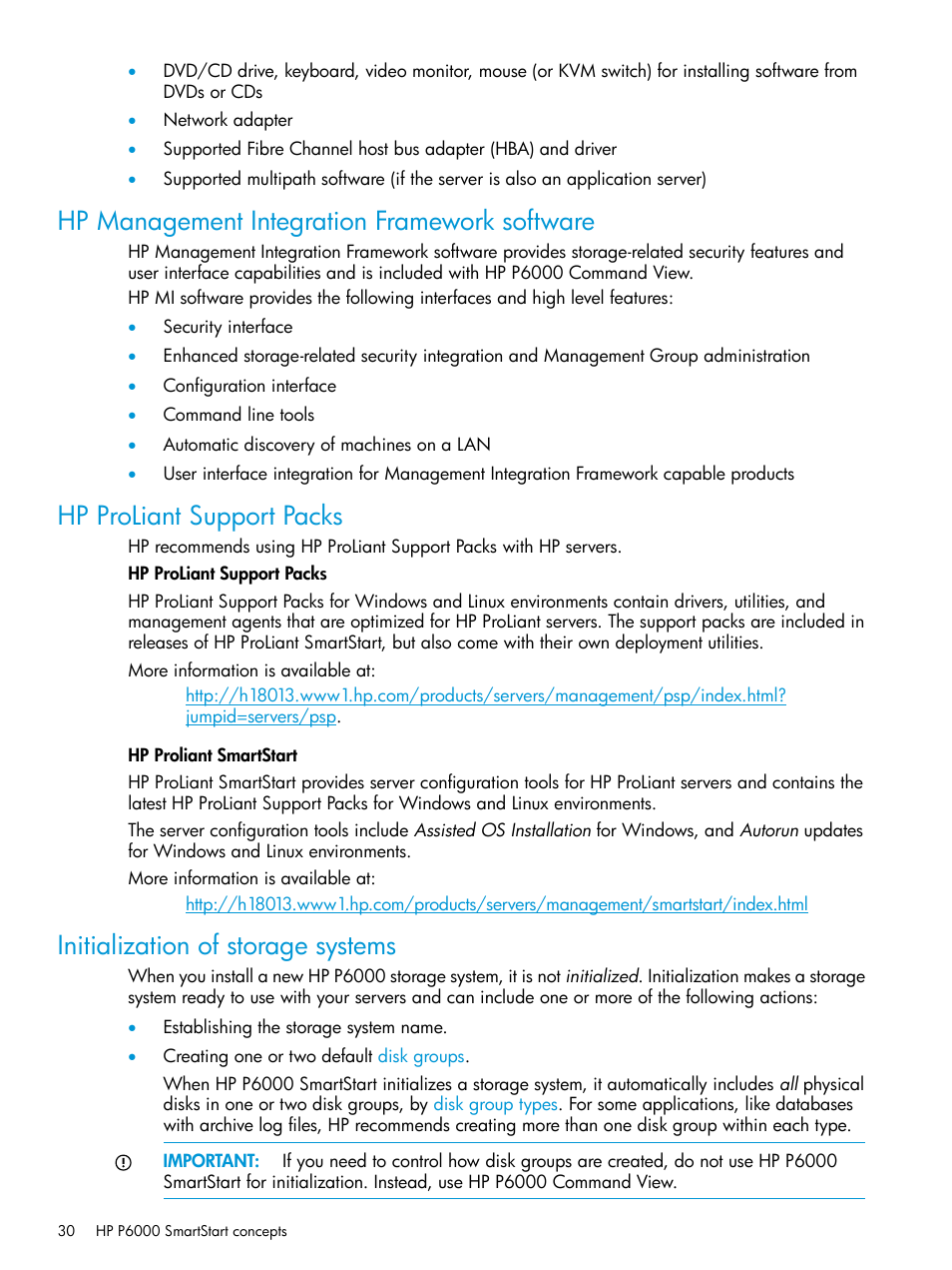 Hp management integration framework software, Hp proliant support packs, Initialization of storage systems | Initialization | HP Command View EVA Software User Manual | Page 30 / 45