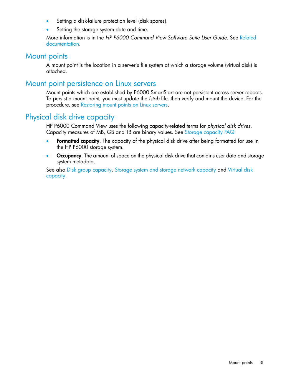 Mount points, Mount point persistence on linux servers, Physical disk drive capacity | HP Command View EVA Software User Manual | Page 31 / 45