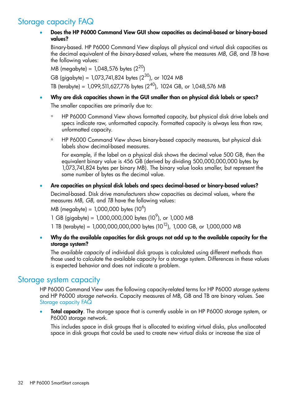 Storage capacity faq, Storage system capacity, Storage capacity faq storage system capacity | Storage system and storage network capacity | HP Command View EVA Software User Manual | Page 32 / 45