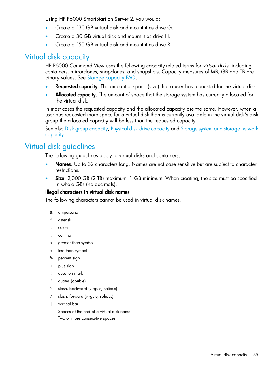 Virtual disk capacity, Virtual disk guidelines, Virtual disk capacity virtual disk guidelines | Virtual, Disk capacity, Virtual disk, Capacity | HP Command View EVA Software User Manual | Page 35 / 45