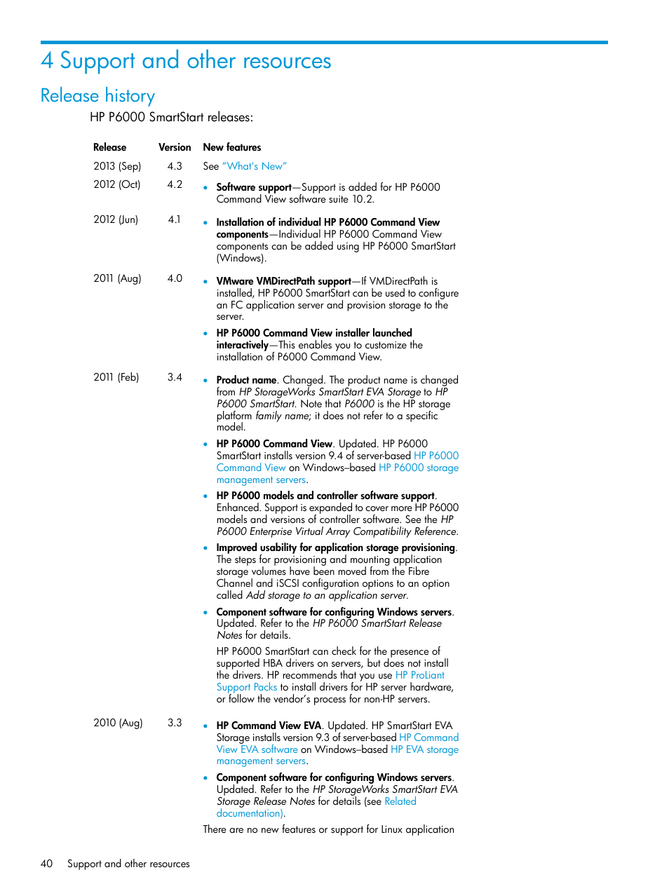 4 support and other resources, Release history | HP Command View EVA Software User Manual | Page 40 / 45