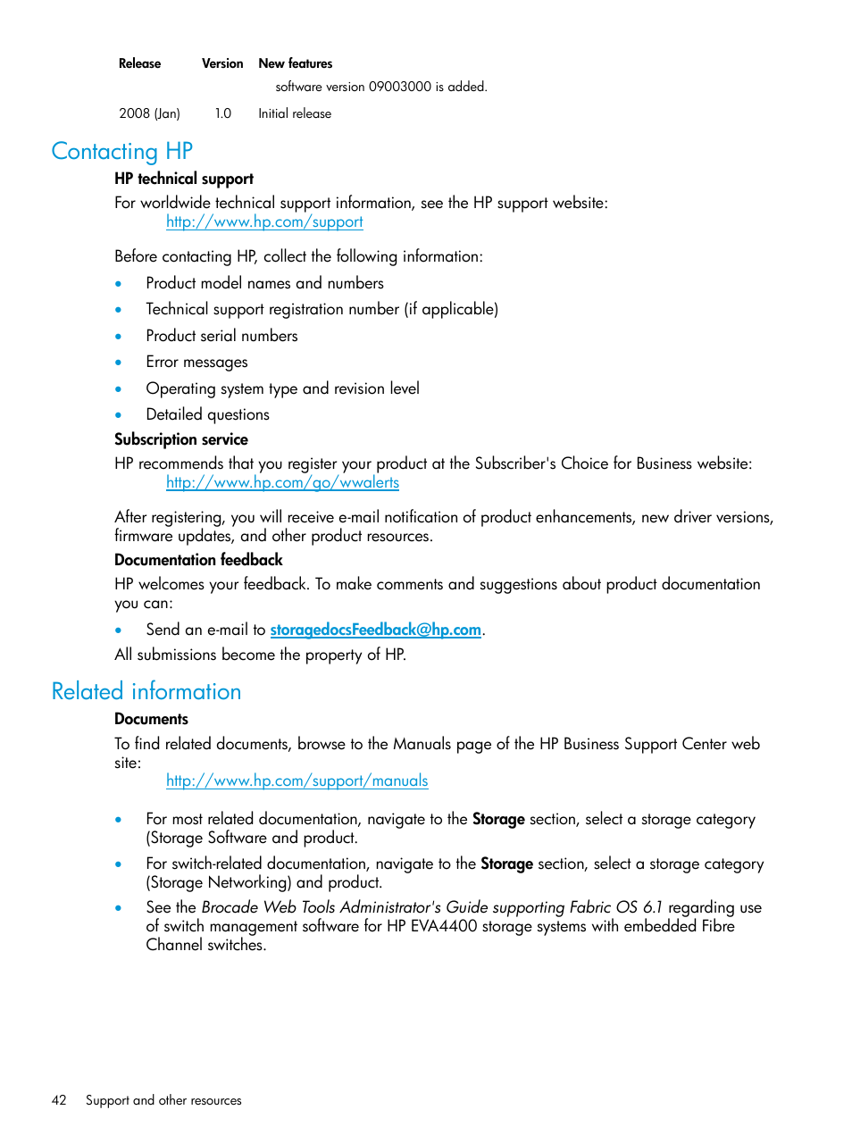 Contacting hp, Related information, Contacting hp related information | Related documentation, Related, Documentation, Documentation) | HP Command View EVA Software User Manual | Page 42 / 45