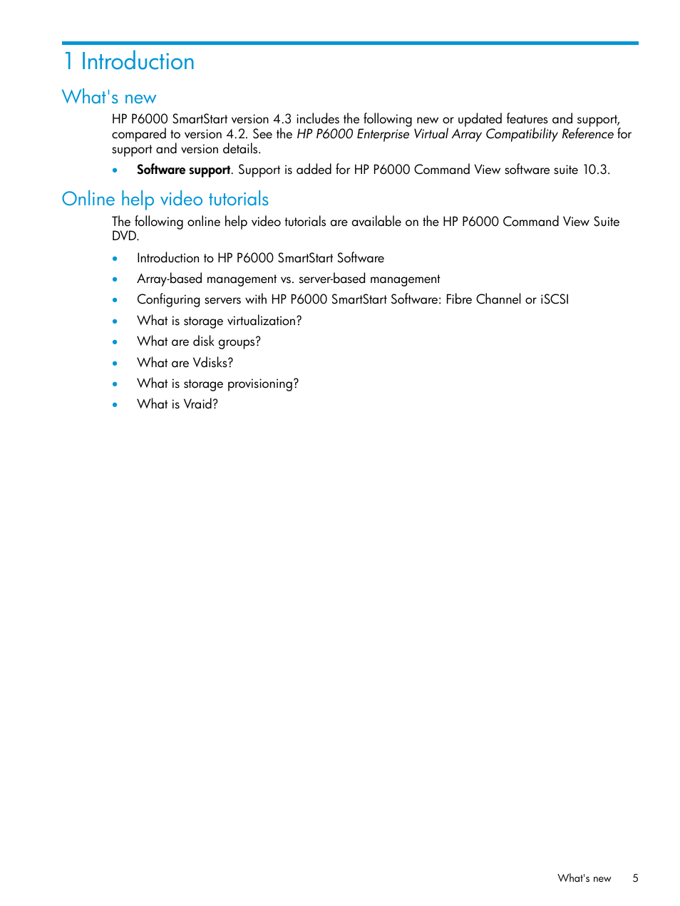 1 introduction, What's new, Online help video tutorials | What's new online help video tutorials | HP Command View EVA Software User Manual | Page 5 / 45